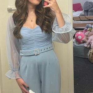 Sheer Sleeve Baby Blue Jumpsuit with Ruched Bodice